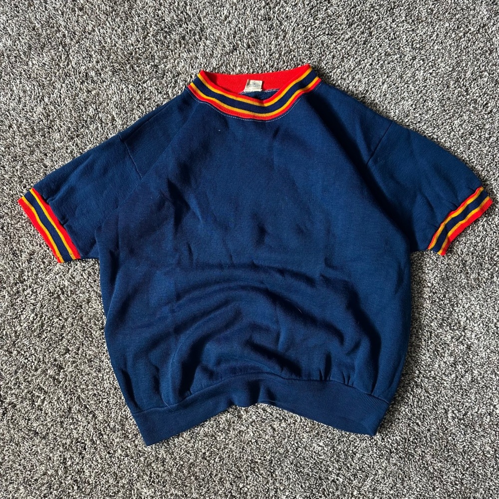 Vintage 1960s Creslan Casual Acrylic Sweatshirt T-Shirt Ringer Navy M